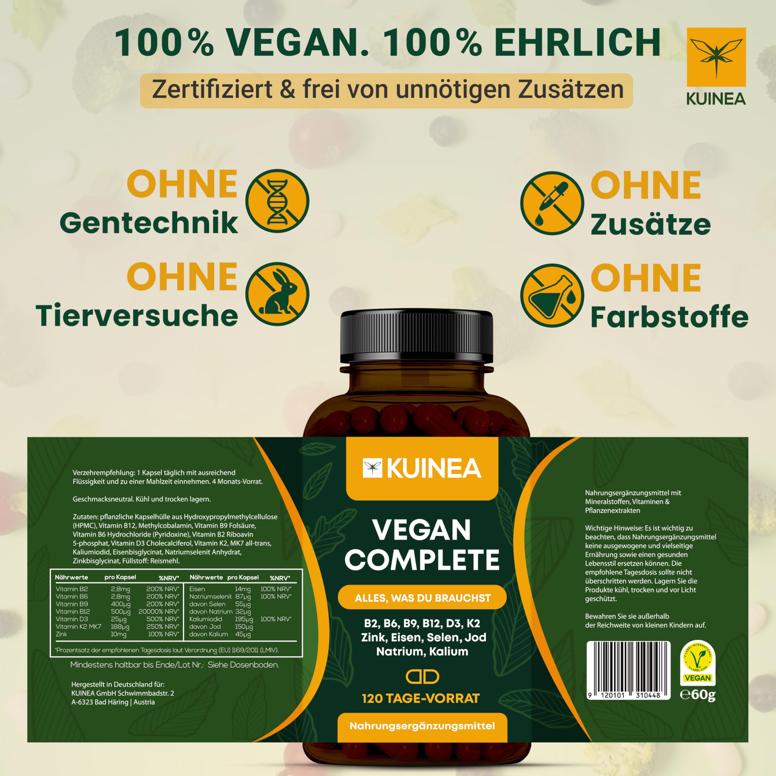 2x 120 Kapseln Vegan Complex - All in one Vitamine I 8-MONATS-VORRAT I Vitamin B12 Vegan+D3+K2+B2+B9+B6 + Zink + Eisen + Selen + Jod + Natrium + Kalium - Supplements