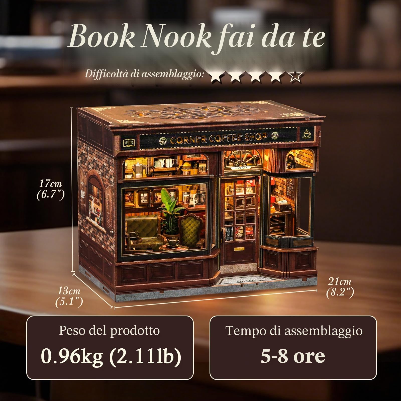 CUTEBEE Book Nook Kit: Casetta Miniatura DIY in Legno Luce LED, Puzzle 3D Caffetteria | Regalo Amanti Libri (Corner Coffee Shop)