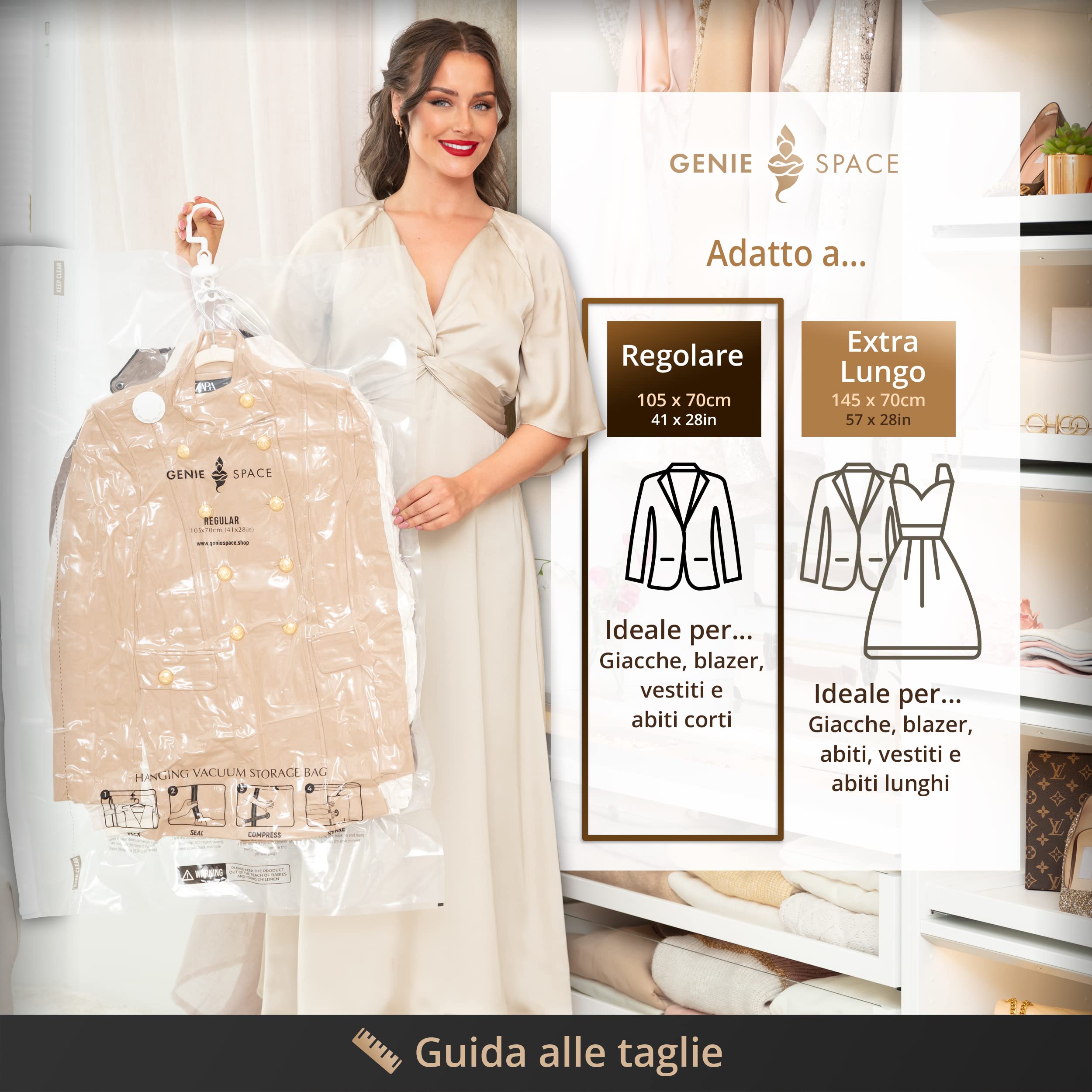 GENIE SPACE Sacchetti Sottovuoto Appendibili Premium per Abiti, Giacche e Cappotti, REGULAR 105×70 cm (5 Pezzi) con Pompa da Viaggio – Riutilizzabili, Ermetici e Anti-odore per Guardaroba e Armadi
