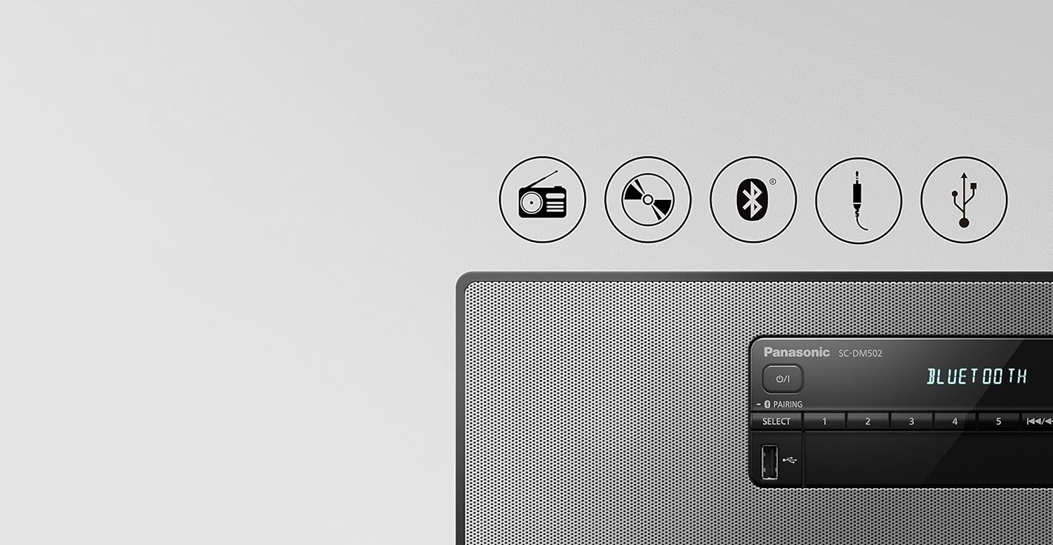 다양한 오디오 소스를 나타내는 아이콘: 라디오, CD, 블루투스, AUX, USB