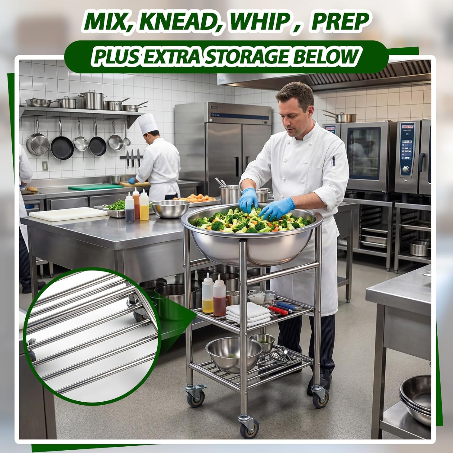 Zonon Commercial Mixing Bowl Cart with Wheels, Heavy-Duty Stainless Steel Prep Station, 30 Qt. Large Capacity Bowl, 2-tier Storage, Ideal for Restaurant and Bakery Kitchens