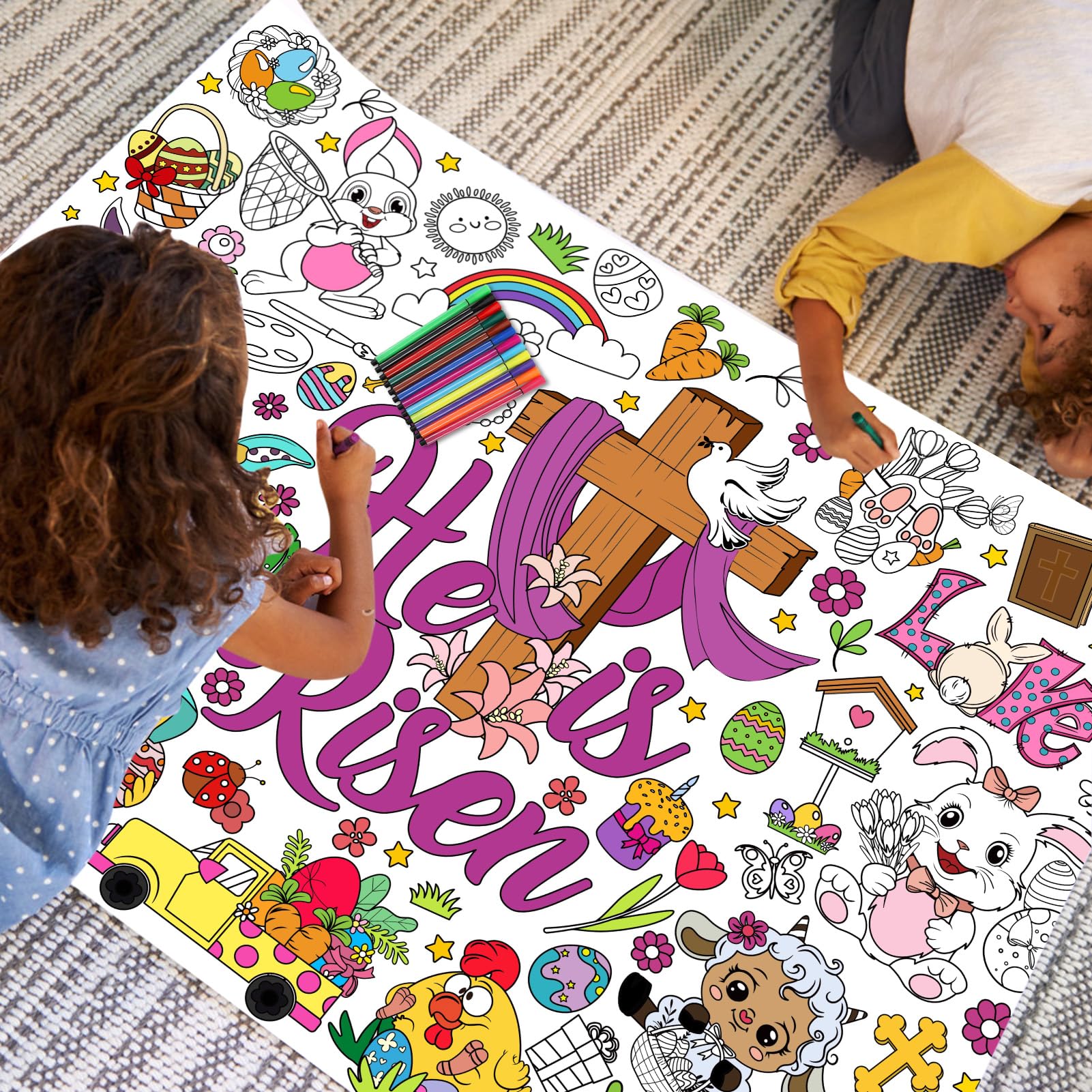 HOWAF Easter He is Risen Coloring Poster with 24pcs Paint Pens,Happy Easter Religious Themed Jumbo Paper Coloring Banner,Jesus Easter Coloring Tablecloth for Kids Easter Party Favors - Image 5