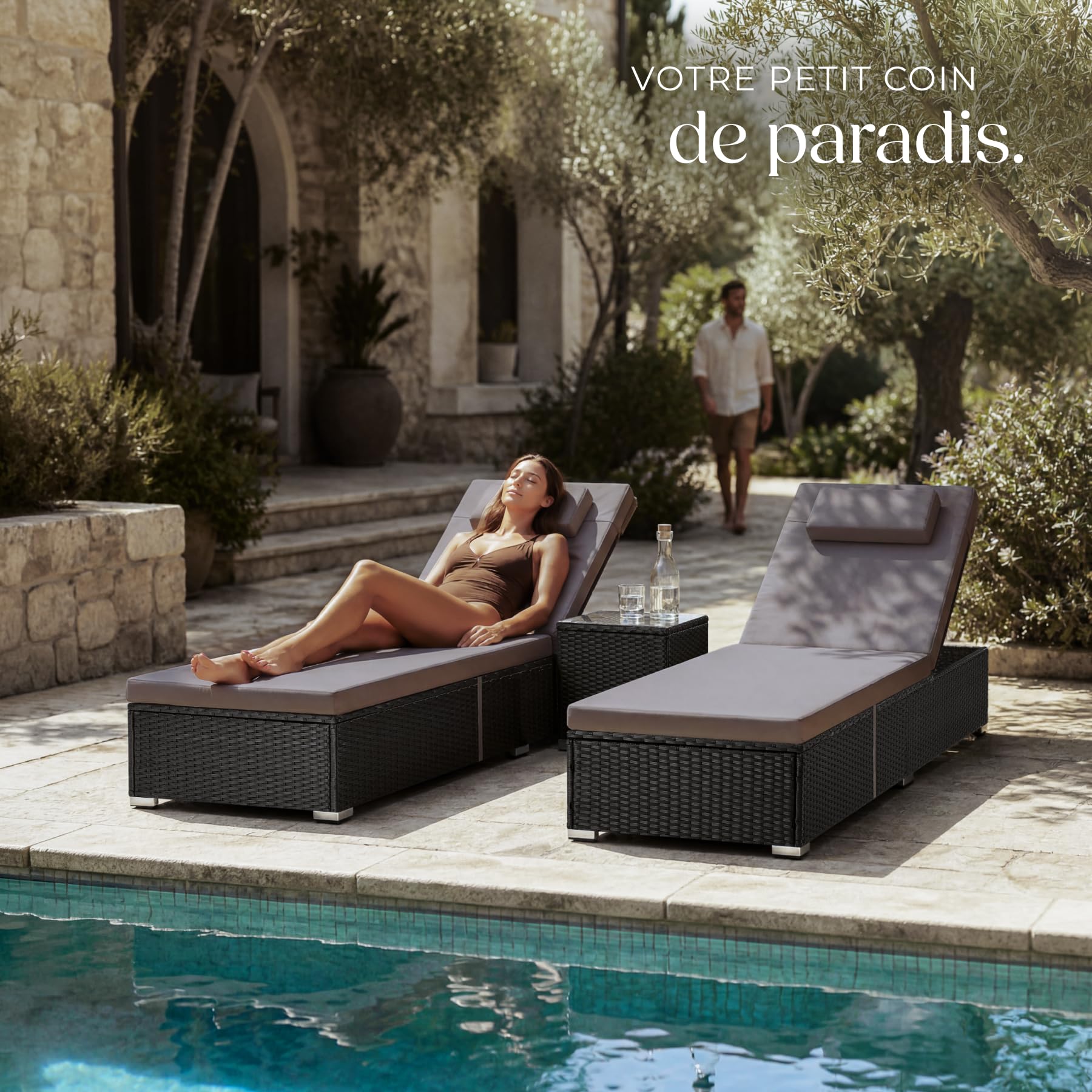 tectake® Chaise longue double en rotin 62x196x36 cm, Table d'appoint incluse, Transat Jardin Exterieur réglable 6 positions, Résistant aux UV et Intempéries, Bain de Soleil Max. 200kg, Jardin, Piscine