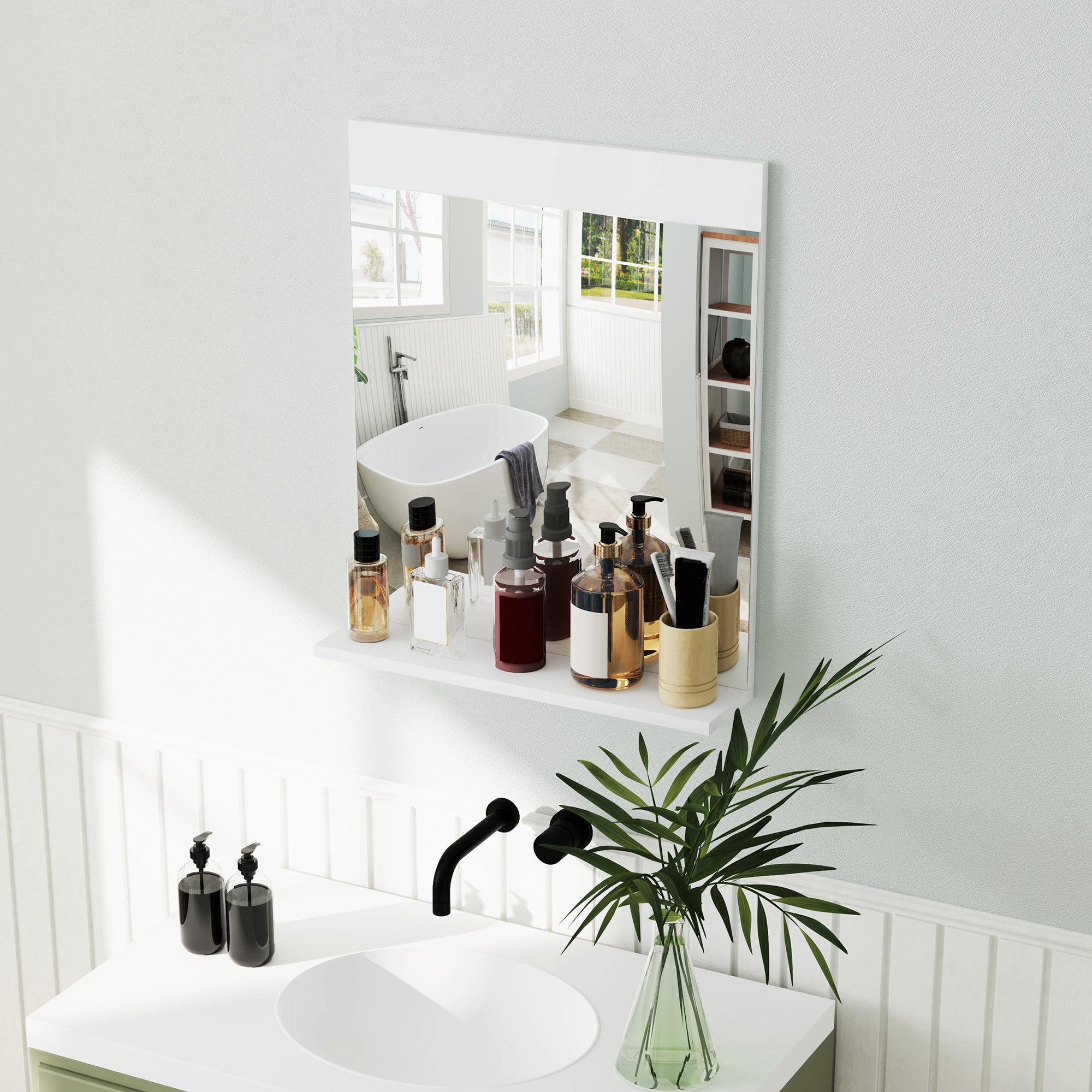 HOMCOM Espejo de Baño con Estante Abierto 50x12x60 cm Blanco | Espejo de Pared, para Entrada Pasillo