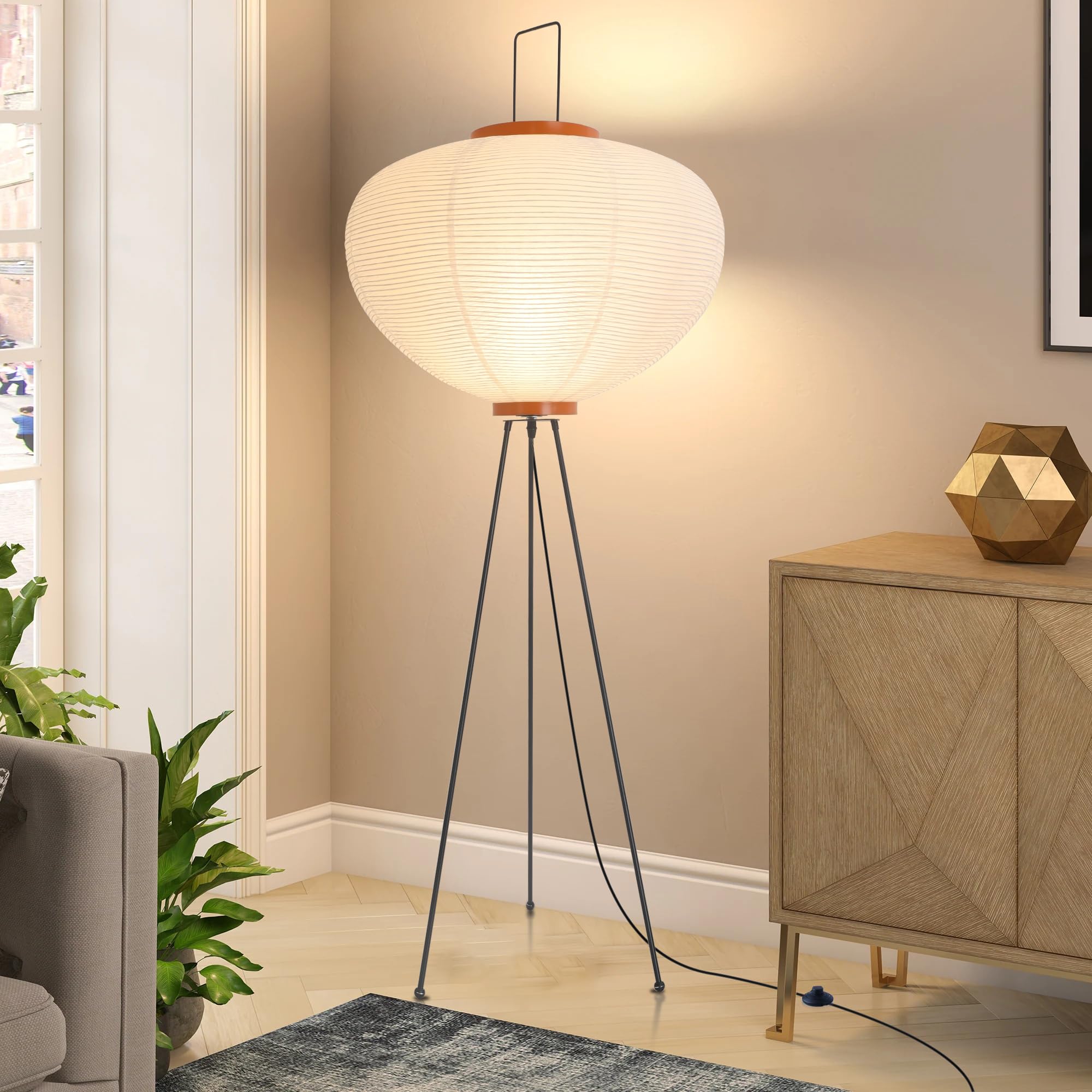 Rice Paper Floor Lamp,Tripod Japanese Floor Lamp for Living Room,Noguchi Lamp Tall Stnading Lamp Akari Lantern Lamp for Bedroom,Study Room,Office,Corner Floor Lamp(E26 Bulb Needed,Excluded)