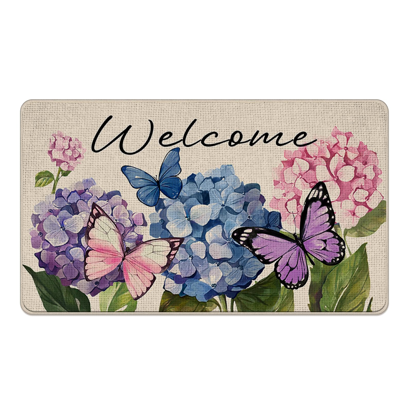 Livcoz Welcome Spring Summer Hydrangea Flower Decorative Front Door Mat, Floral Butterfly Doormat Indoor Outdoor Non-Slip Floor Entryway Rug, Seasonal