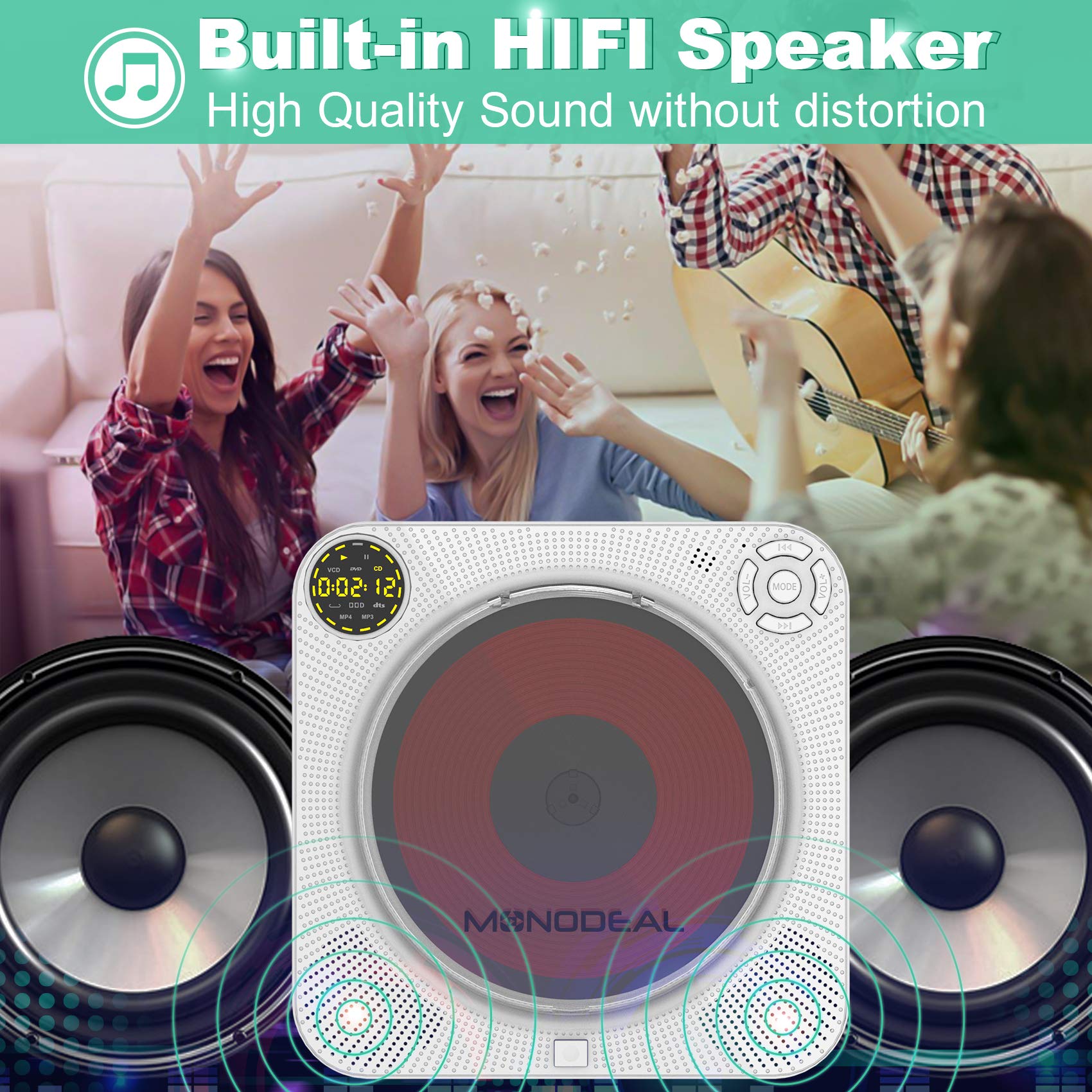 Portable CD Player with Bluetooth,MONODEAL Wall Mounted Bluetooth CD Player with Builtin Dual