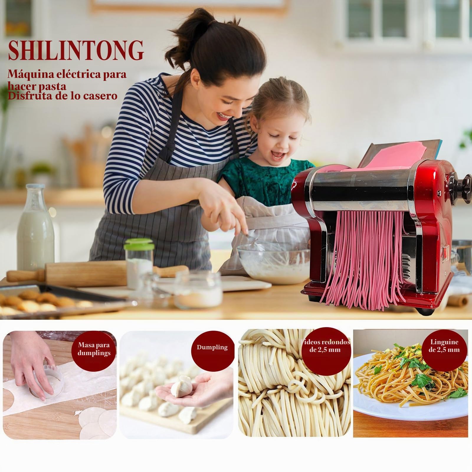 Máquinas Eléctricas Para Pasta - Fabricante de Fideos con Rodillo y Doble Cuchilla de Acero Inoxidable - 1.5mm (Redondo) y 4mm (Plano) - Para Uso Doméstico y Comercial