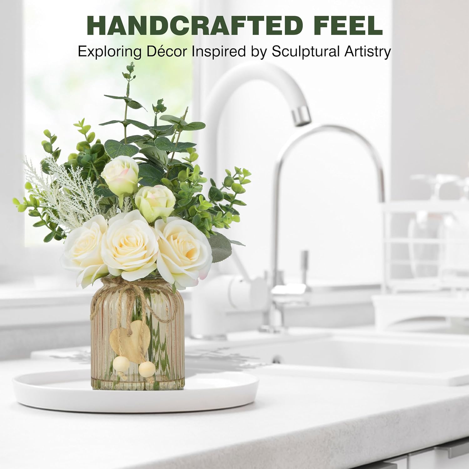 Fake Flowers with Vase, Silk Roses Artificial Eucalyptus in Glass Vase for Farmhouse Bathroom Kitchen Table Decor, Silk Flower Arrangements for Bedroom, Dining Room, Living Room Decor