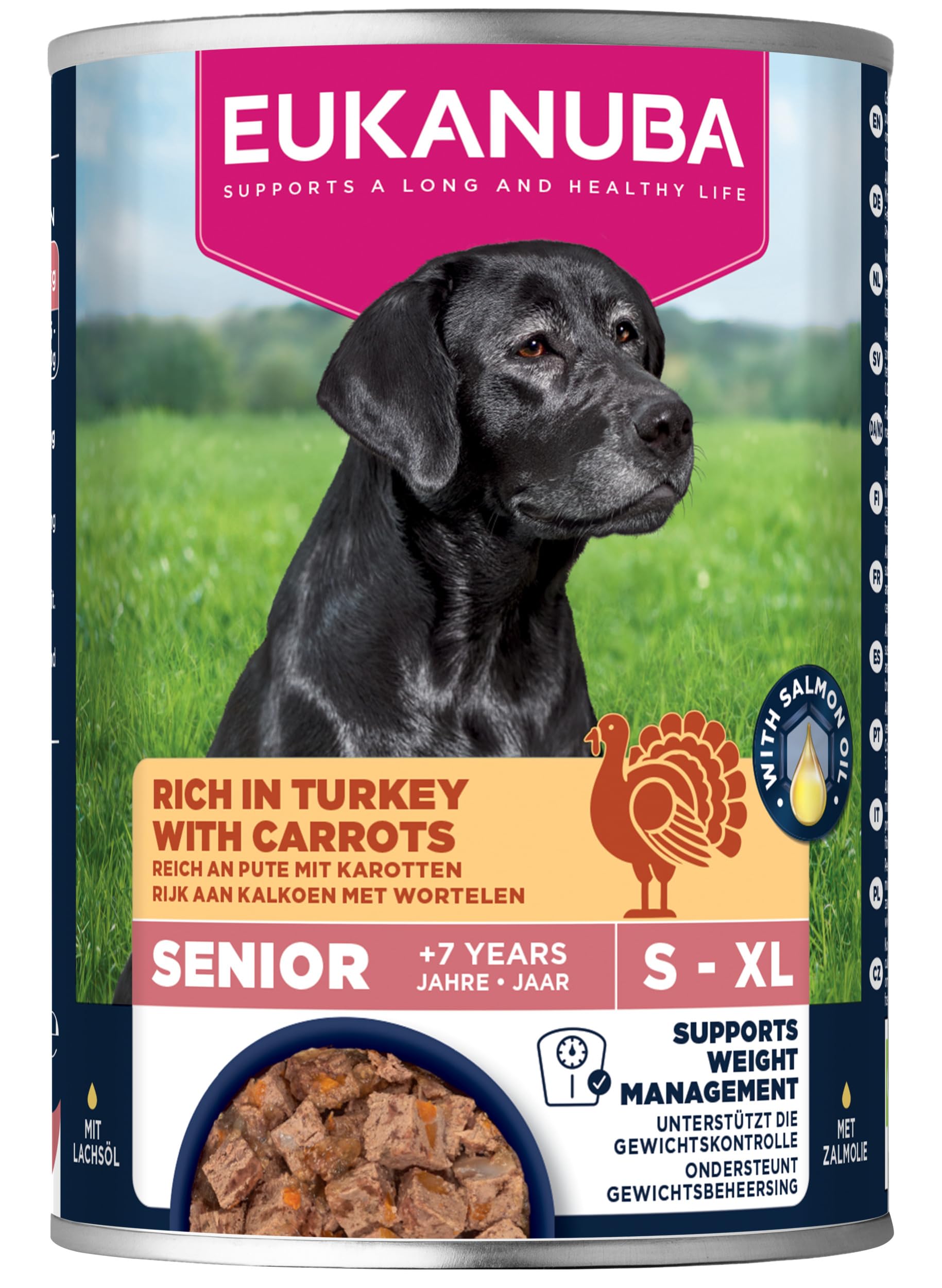 EUKANUBA Cibo umido per cani senior con tacchino e carote, cibo umido premium senza cereali per cani anziani, 6 x 400 g lattine