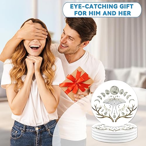 Miniatura 6 de Juego de 4 posavasos redondos Luna Moth de 4 pulgadas, posavasos de cerámica absorbente con base de corcho, bonitos posavasos para decoración del