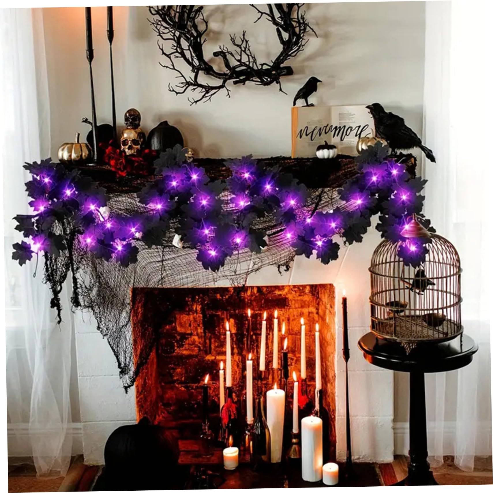 Halloween Garland, 2m 20 LEDs Artificial Black Maple Leave Garlands with LED Lights, Hanging Fall Leave Vines for Halloween Fireplace Mantle Party Decorations (Purple Lights)