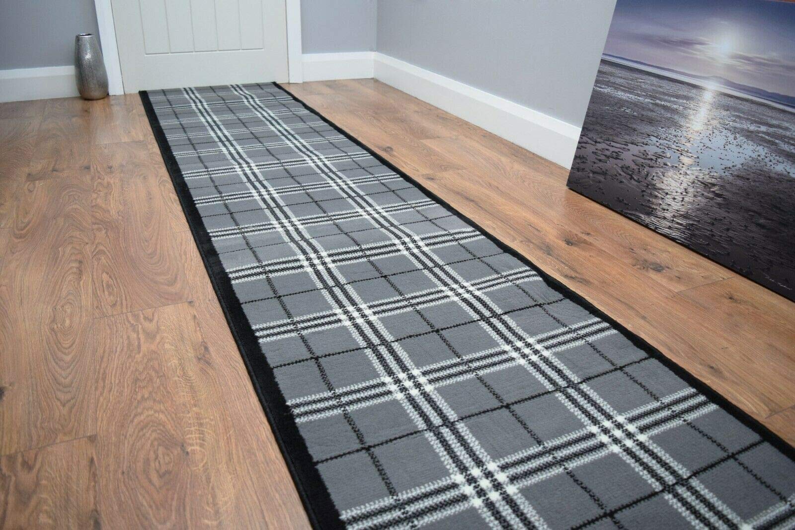 SrS Rugs® Luna Collection, Modern Long Carpet Runner Rug for Entrance Hall and Stairs. Smooth Soft 8mm Depth Pile. 70cm Wide. Any Length (Tartan Grey & Black, Length: 19' (579cm)) — image 1