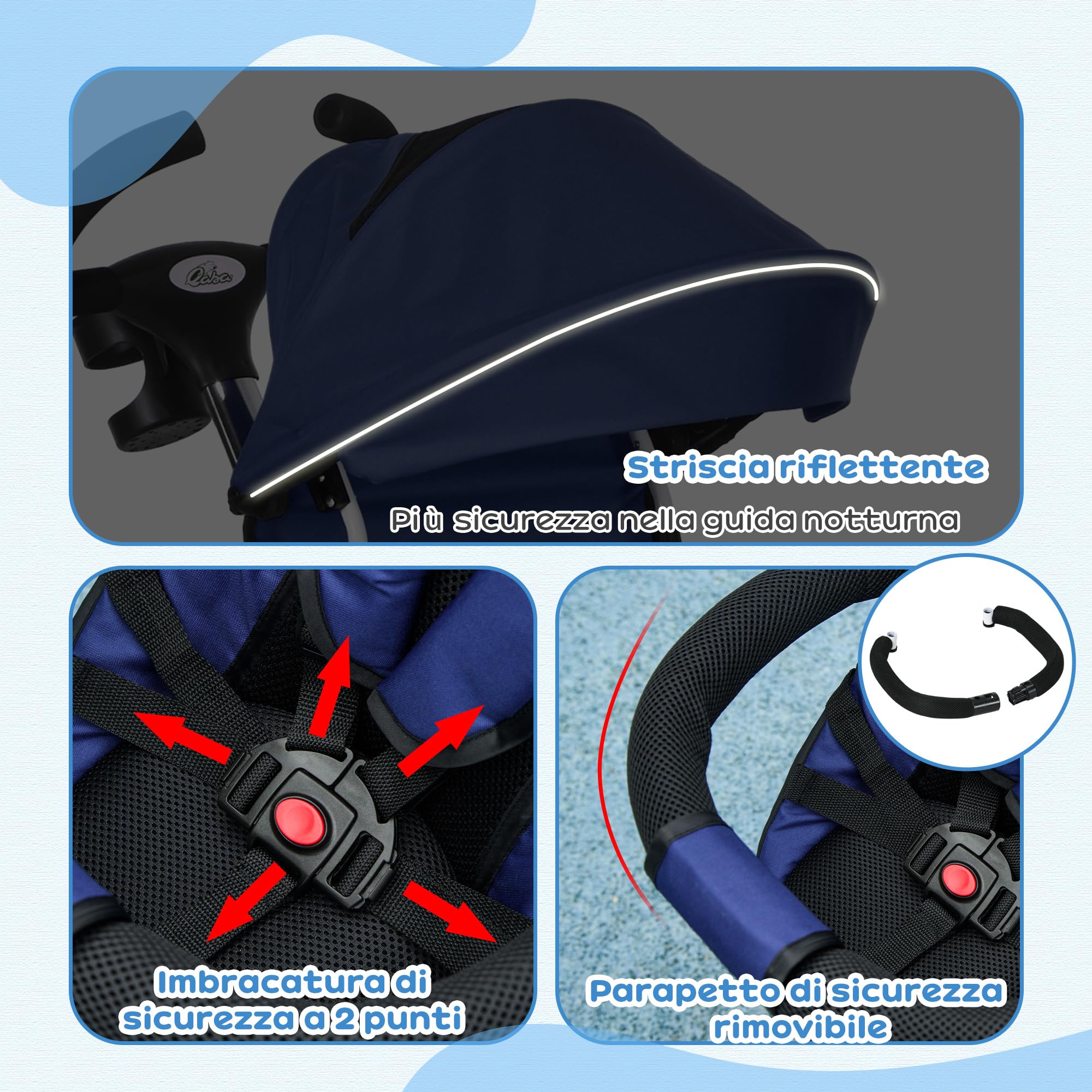 HOMCOM Triciclo per Bambini con Maniglione Multiuso, Parasole, Blu Scuro | Passeggino per Bambini, Parasole Regolabile, Cintura di Sicurezza e Cestino