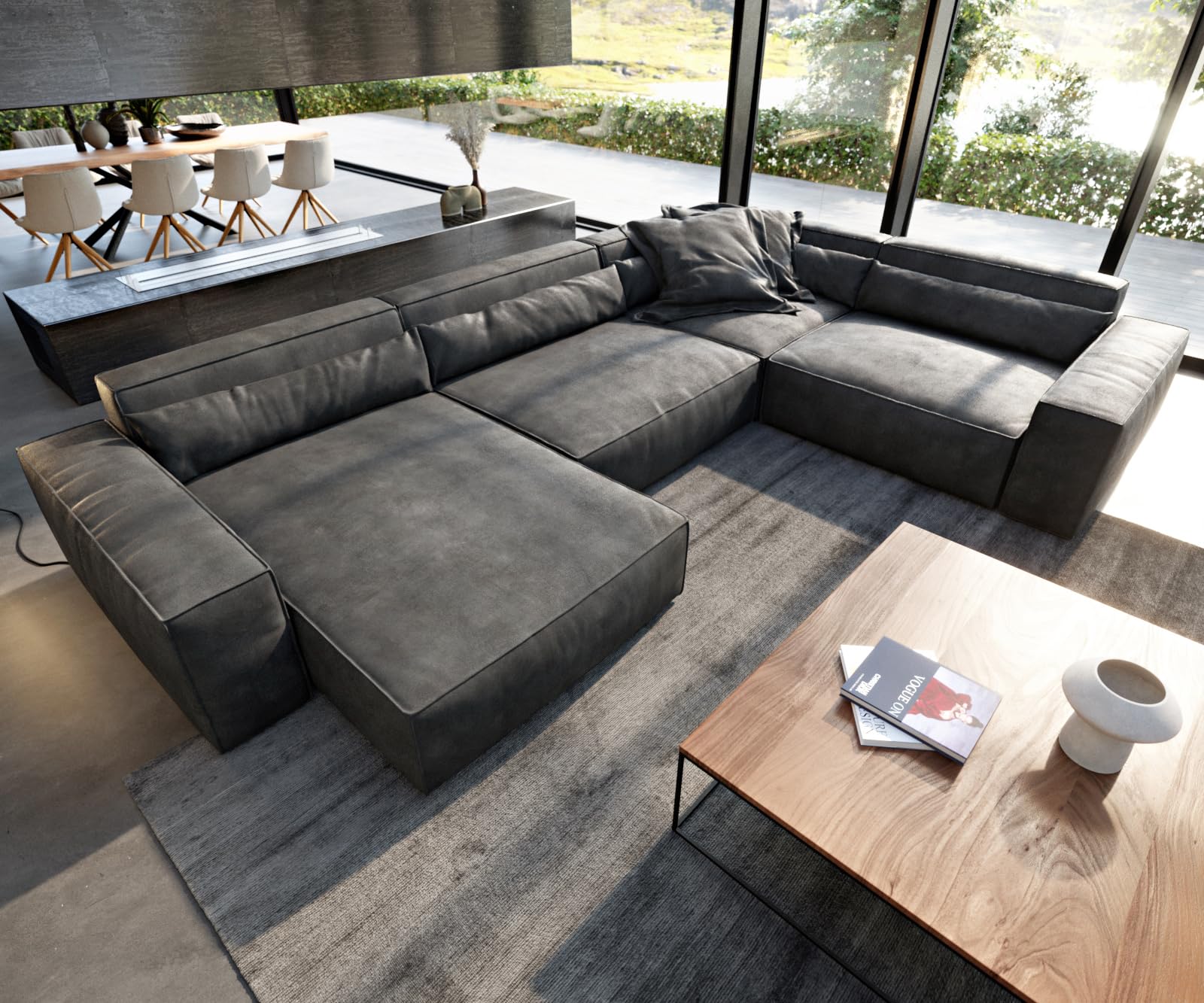 DELIFE Wohnlandschaft Sirpio XL Lederimitat Vintage Anthrazit 360x260 cm Recamiere variabel