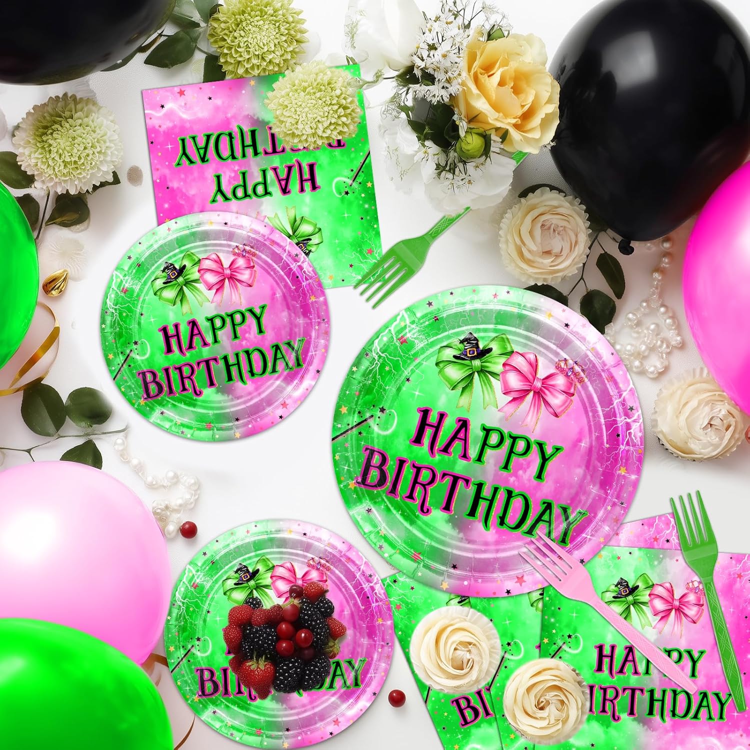 Avezano 96 PCS Pink and Green Party Decorations Witch Bow Plates Tableware Girls Women Witch and Princess Birthday Party Supplies, Serves 24 - Image 5