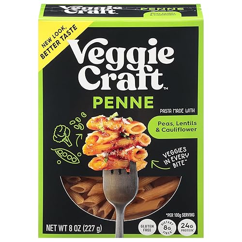 Veggiecraft Farms Penne Pasta - Pasta baja en carbohidratos, alta en proteínas, hecha con coliflor, lentejas y guisantes, sin gluten, fideos de