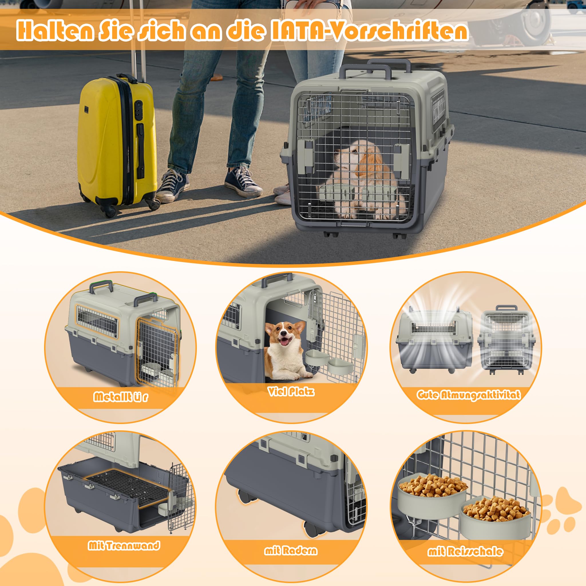 FIVMEN Hondenbox, transportbox, 80 x 57 x 70 cm, hondentransportbox met wielen en ijzeren ramen, deuren, diertransportbox, vliegtuigbox voor honden, vliegtuig, auto, reizen en transport