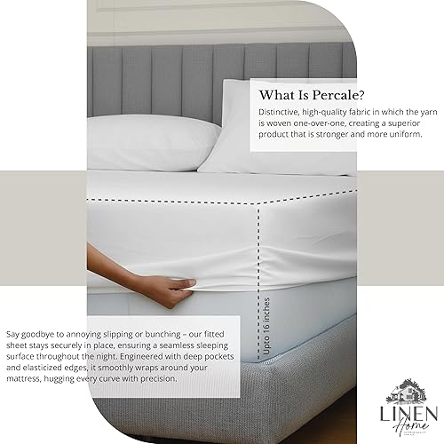 Miniatura 4 de Linen Home Juego de sábanas de percal de 100 % algodón, tamaño King, color blanco, bolsillo profundo, juego de 6 piezas, 1 encimera, 1 sábana bajera