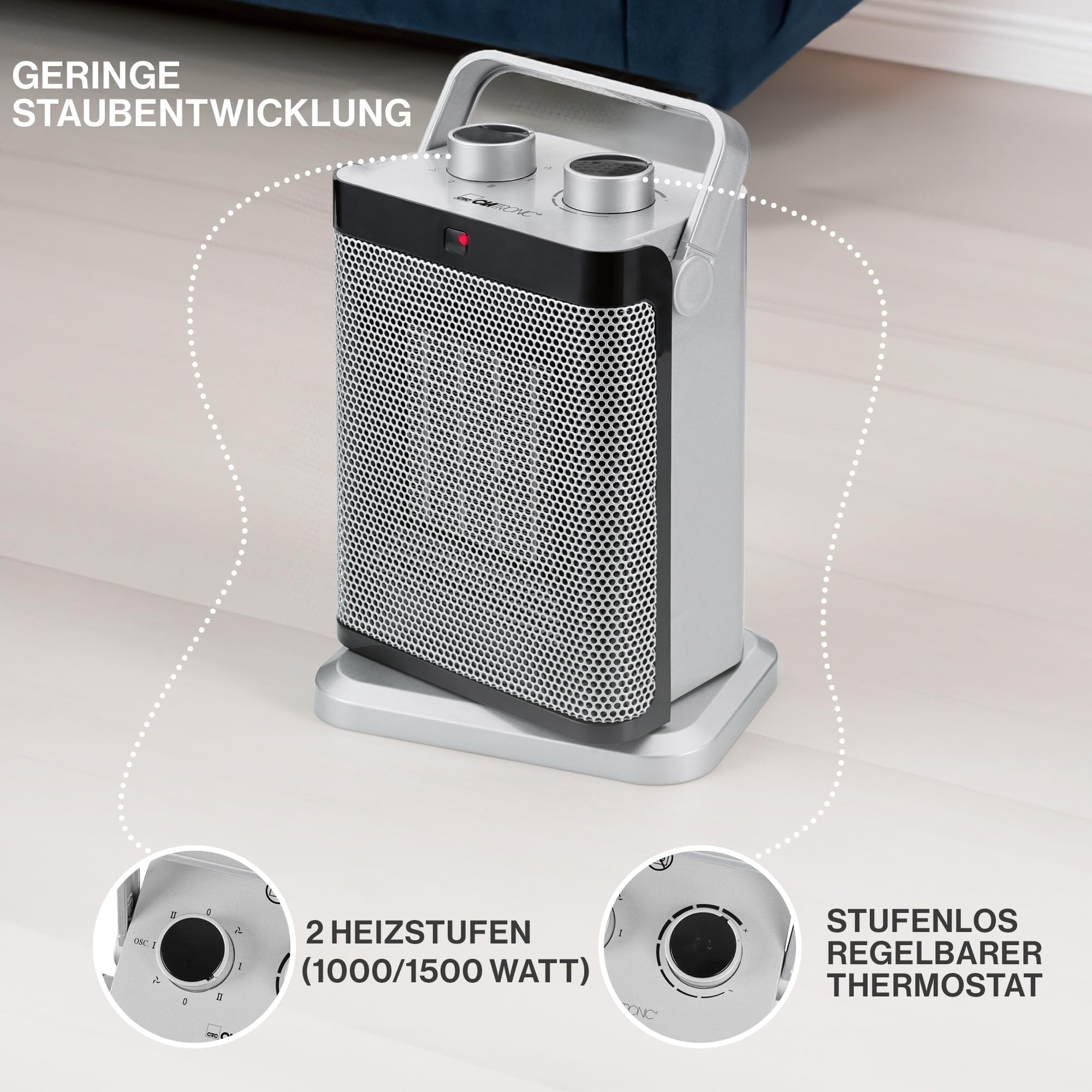 Clatronic 263740 Electrique Radiateur, Radiateur d'appoint Soufflant-2 Chauffage-Niveau de Froid (Ventilateur) -1500 Watts, Argent