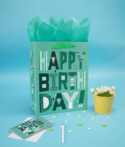 Miniatura 5 de Juego de bolsas de regalo verdes grandes de 13 pulgadas con tarjeta de felicitación y papel de seda (feliz cumpleaños verde) para fiestas de