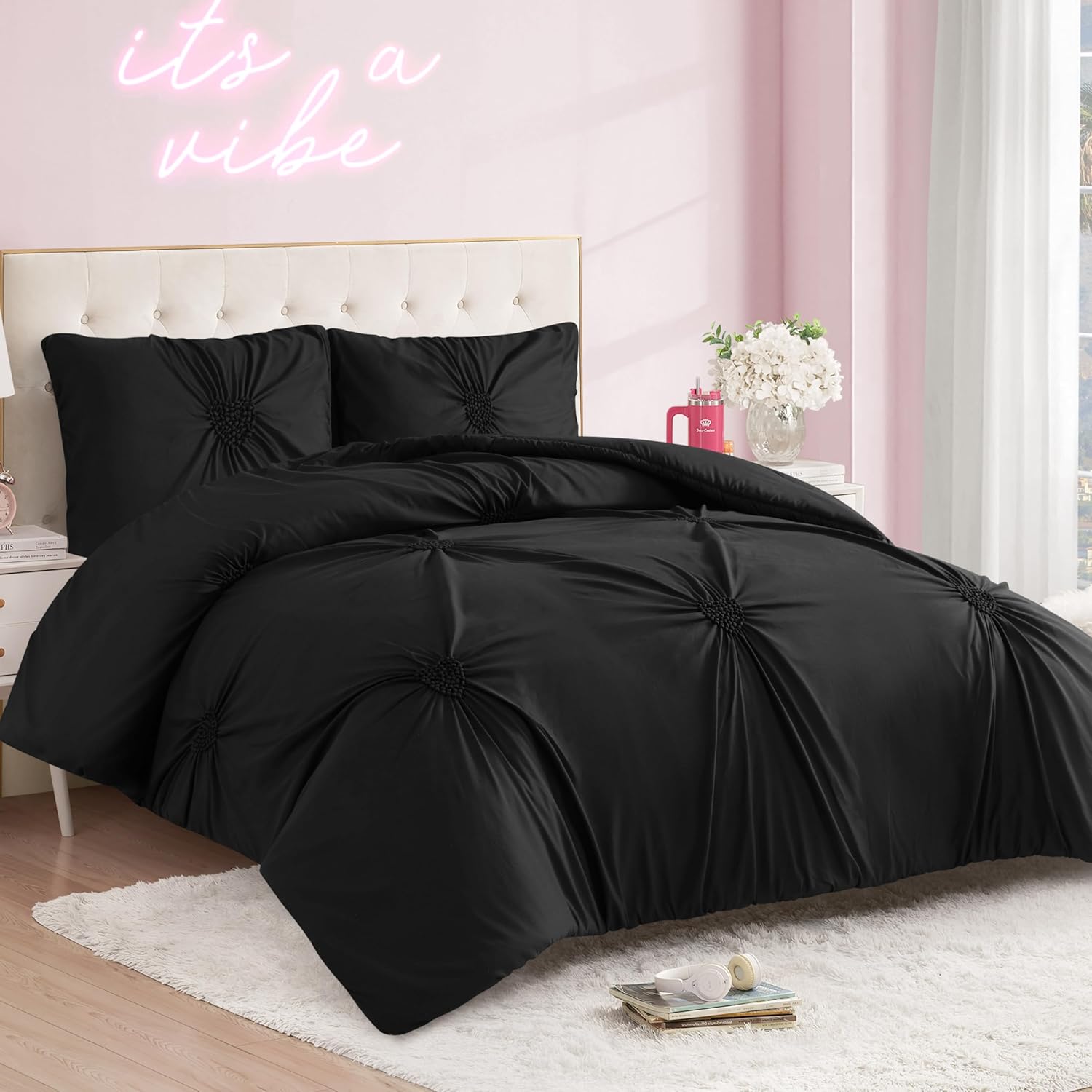 Juicy Couture Amora Gathered Heart 3 Piece Full/Queen Comforter Set, Black Bedding Ensemble