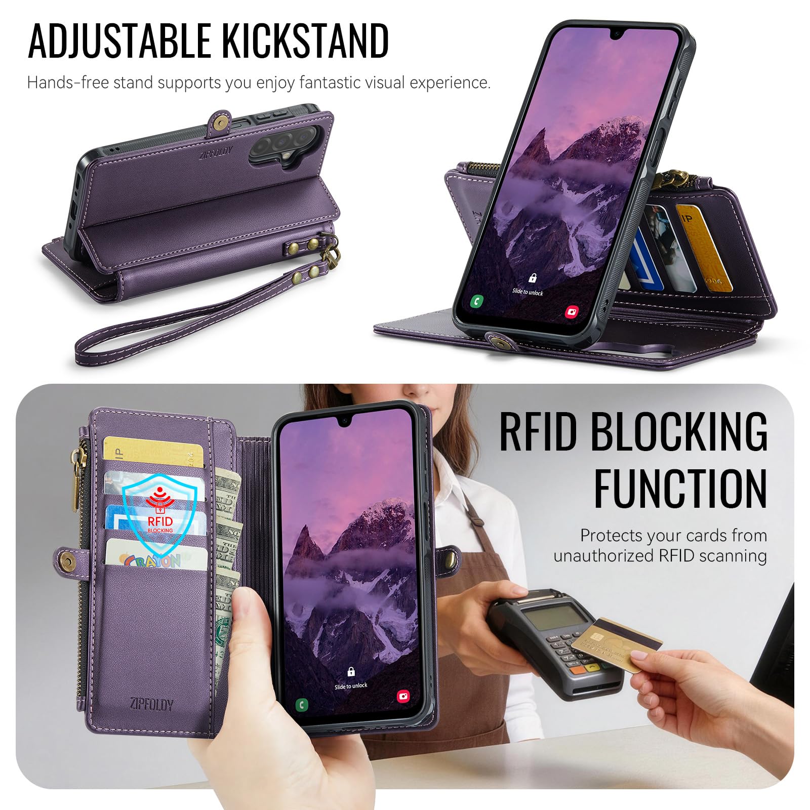 Funda magnética desmontable para Galaxy A17 5G, color morado | Tarjetero con bloqueo RFID, bolsillo con cremallera, ranura para efectivo, pulsera, para mujeres y hombres
