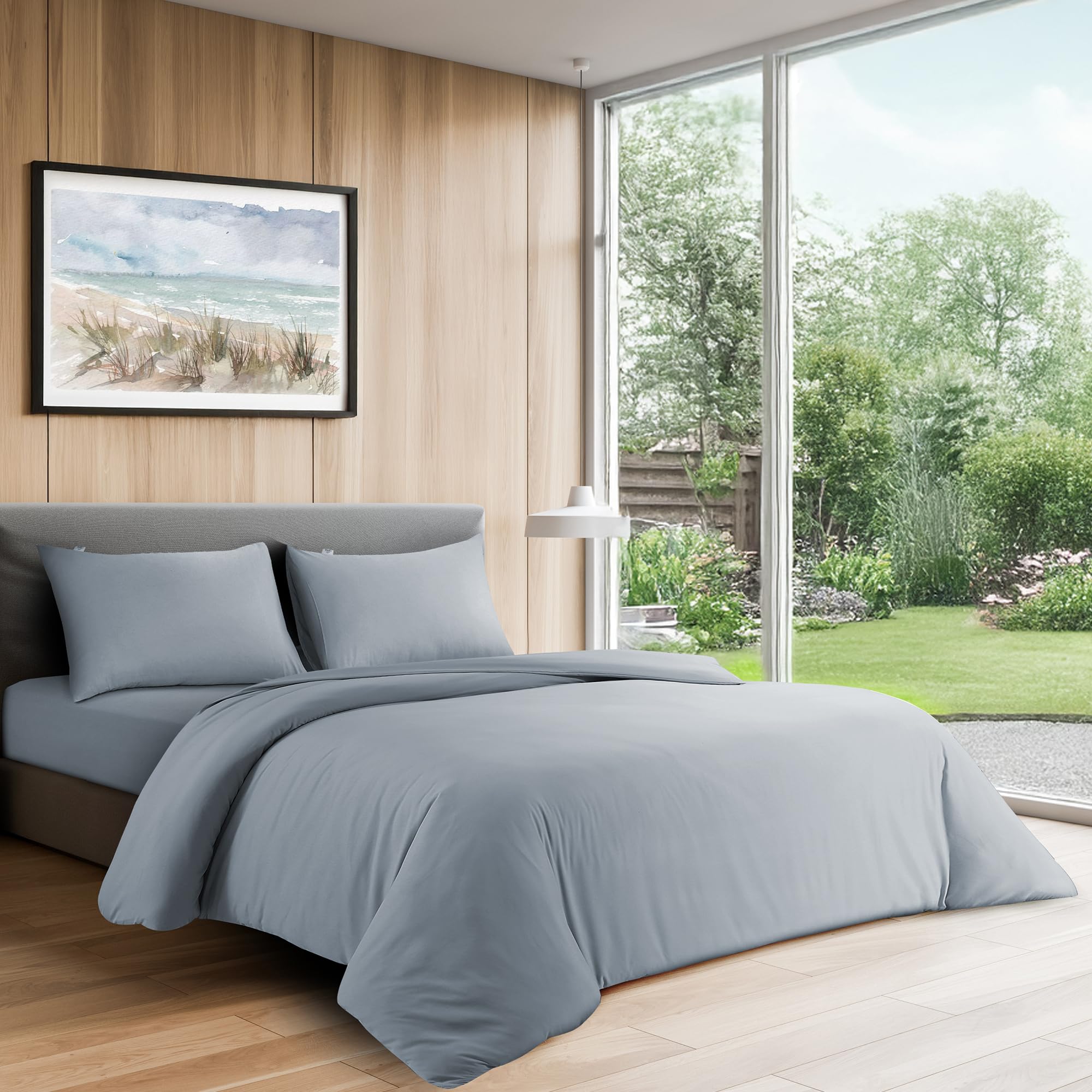 LYMA Complete Bedding Set Double Plain Duvet Cover, Fitted Sheet & 2 Pillow Cases 50x75CM, OEKO-TEX Certified, Ultra Soft NanoPlush Double Brushed, Button Closure, Wrinkle Fade Resistant (Light Grey)