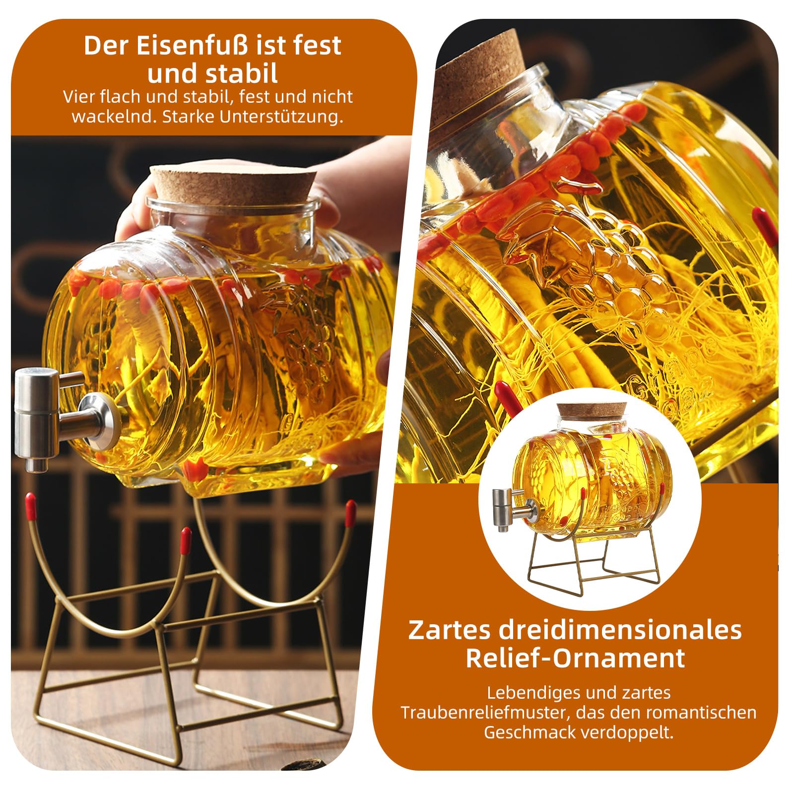 Dispenser di bevande in vetro con rubinetto in acciaio inox, con supporto in metallo e coperchio per bevande calde o fredde, distributore di birra, distributore di bevande per acqua, succhi di