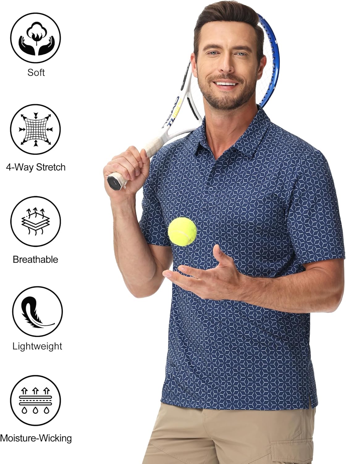 Cotrasen Mens Golf Polo Shirts Short Sleeve Quick-Dry Print Tee Shirt Moisture Wicking Performance Polo Strech Shirts - Image 3