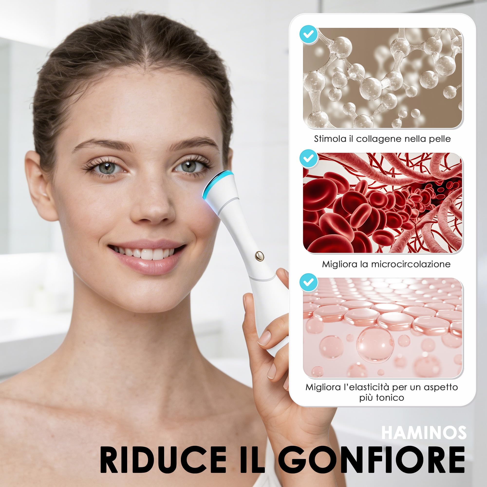 HAMINOS Massaggiatore Viso 4 in 1 con Calore, Vibrazione, Luce Rossa e Blu, Funzione Ionica Galvanica, Massaggiatore Viso Elettrico Ricaricabile USB-C per Cura del Viso