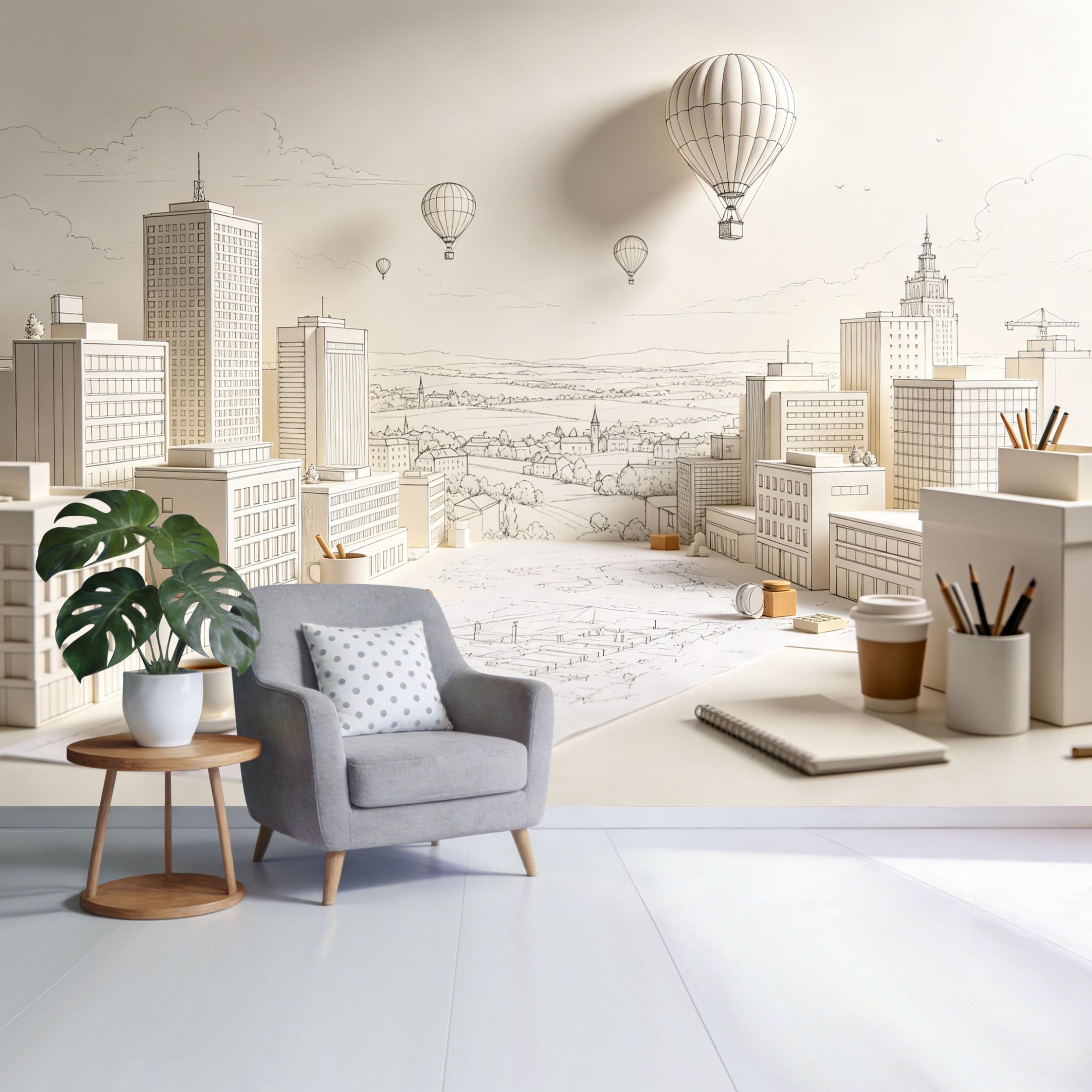 Custom Size Wall Mural Minimalist Cityscape Hot Air Balloon Line Art Sketch Architecture Design SelfAdhesive Wall Fabric Removable Wallpaper for Home Office Decor