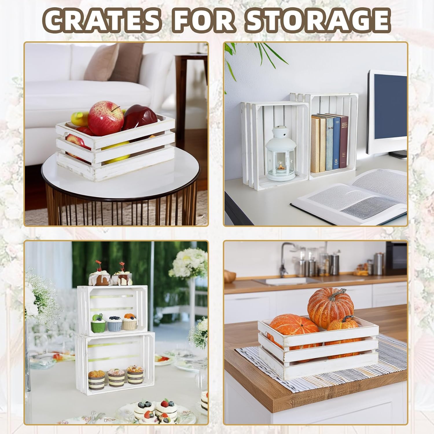 5-Piece Rustic White Wooden Crates Set, Wall Mountable Slatted Storage Crates with Handles, Farmhouse Wooden Crates for Display & Organizer for Home Decor