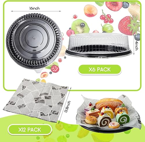 Miniatura 8 de Tessco 6 bandejas y tapa de servicio resistente, 12 hojas de papel de cera de delicatessen, platos redondos de plástico negro con tapas