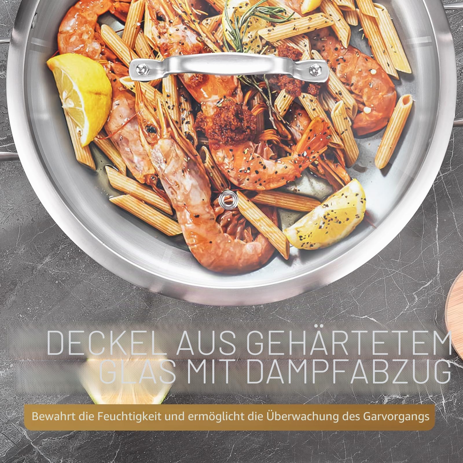 LOLYKITCH Sautépfanne 30 cm aus dreischichtigem Edelstahl, 6 L | Edelstahl mit Glasdeckel, ohne Antihaftbeschichtung, geeignet für Induktion und alle Herdarten, PFAS-frei, für 4–6 Personen