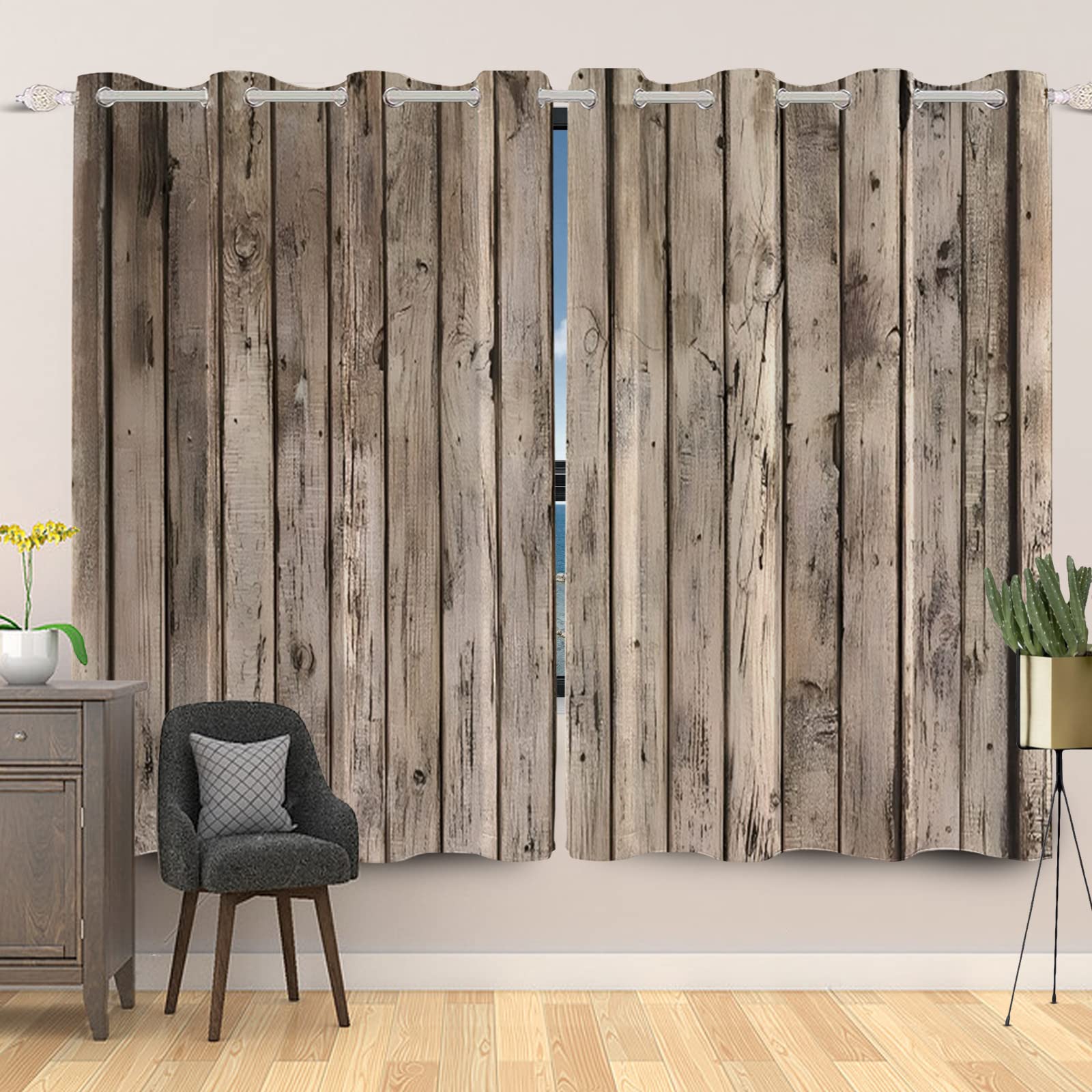 DORCEV Rustic Curtains Vintage Grey Wood Barn Door Window Curtains Wood Planks American Rural Garage Door Drapes Earth Tone Wooden Door Window