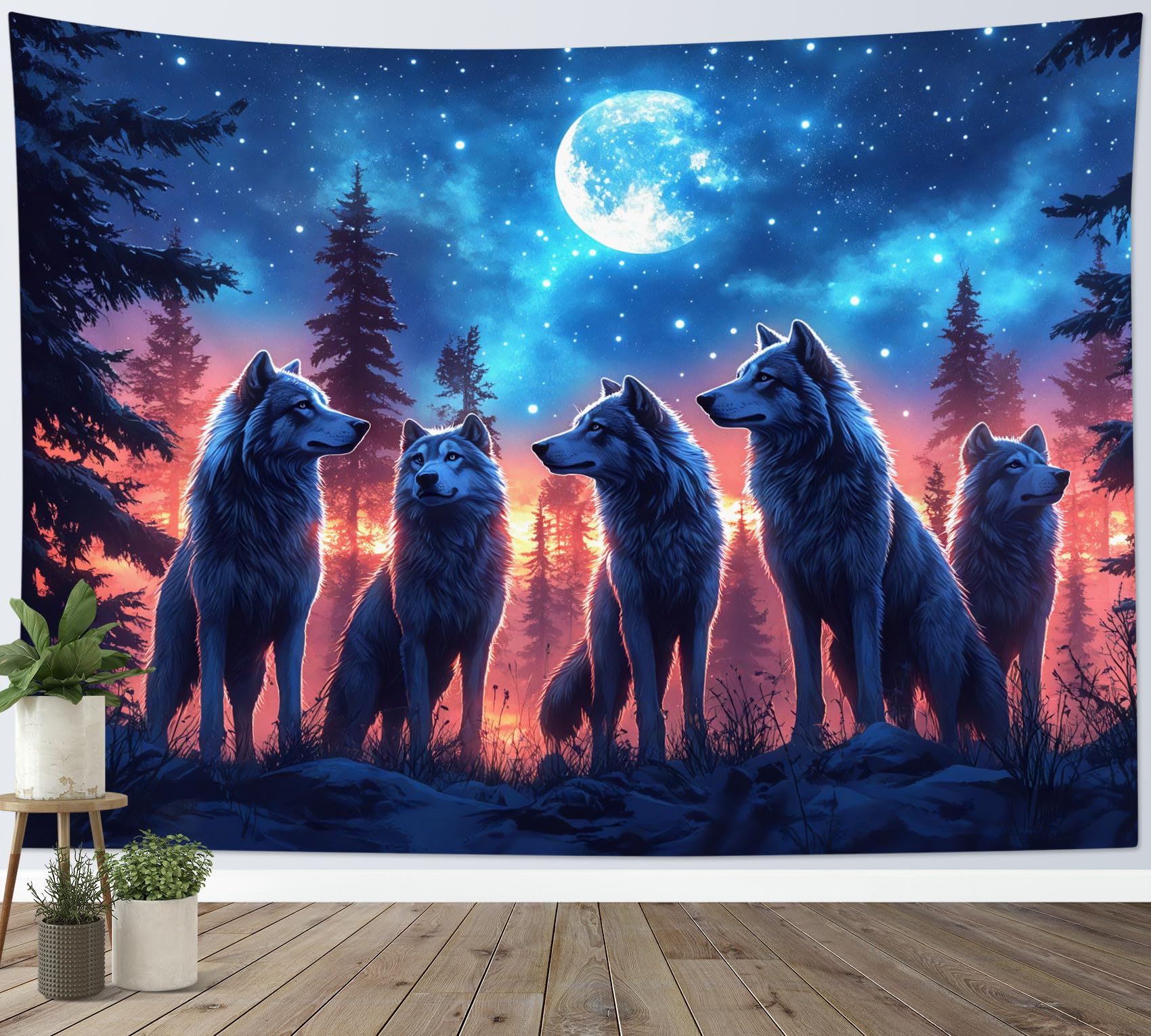 LB Forest Wolf Tapestry Black Tree Wild Animal Tapestry Wall Hanging Moon in Blue Starry Sky Tapestries for Living Room Bedroom Dorm Wall Decor,59x39 inch