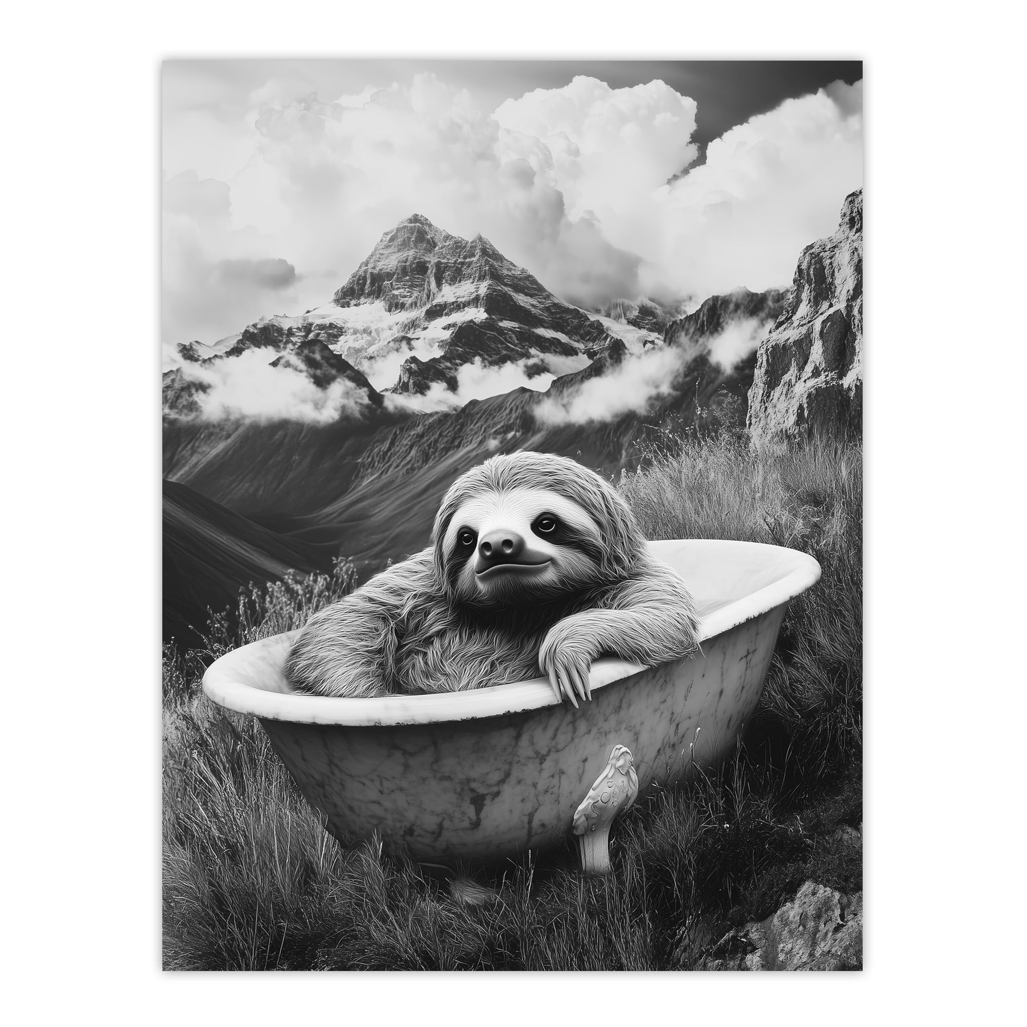 Artery8 Sloth in Bathtub on Mountain Black White Surreal Bathroom Toilet Extra Large XL Wall Art Poster Print
