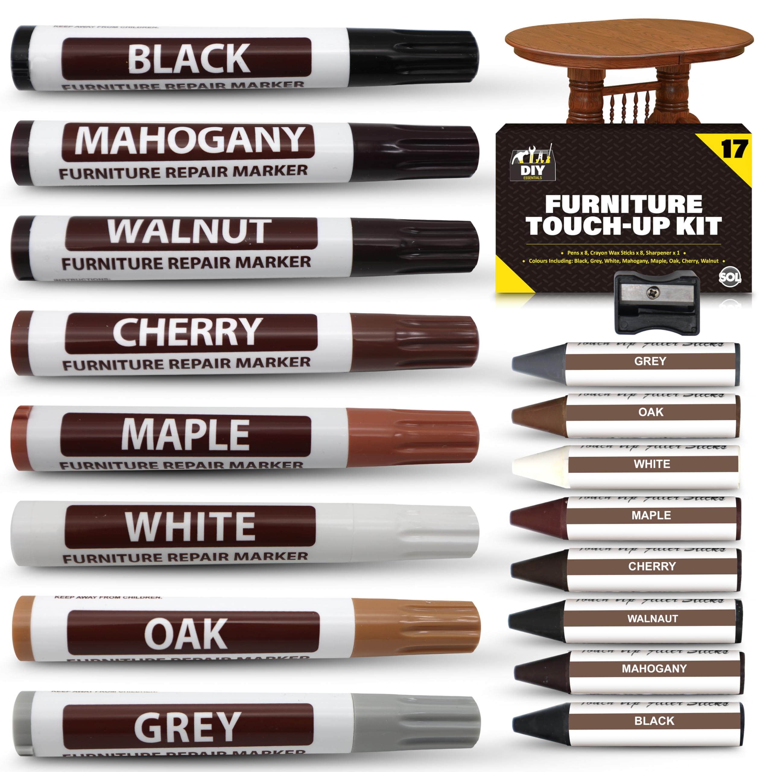 SOL 17pk Furniture Touch Up Kit - Wood Scratch Repair Marker Pens & Wax