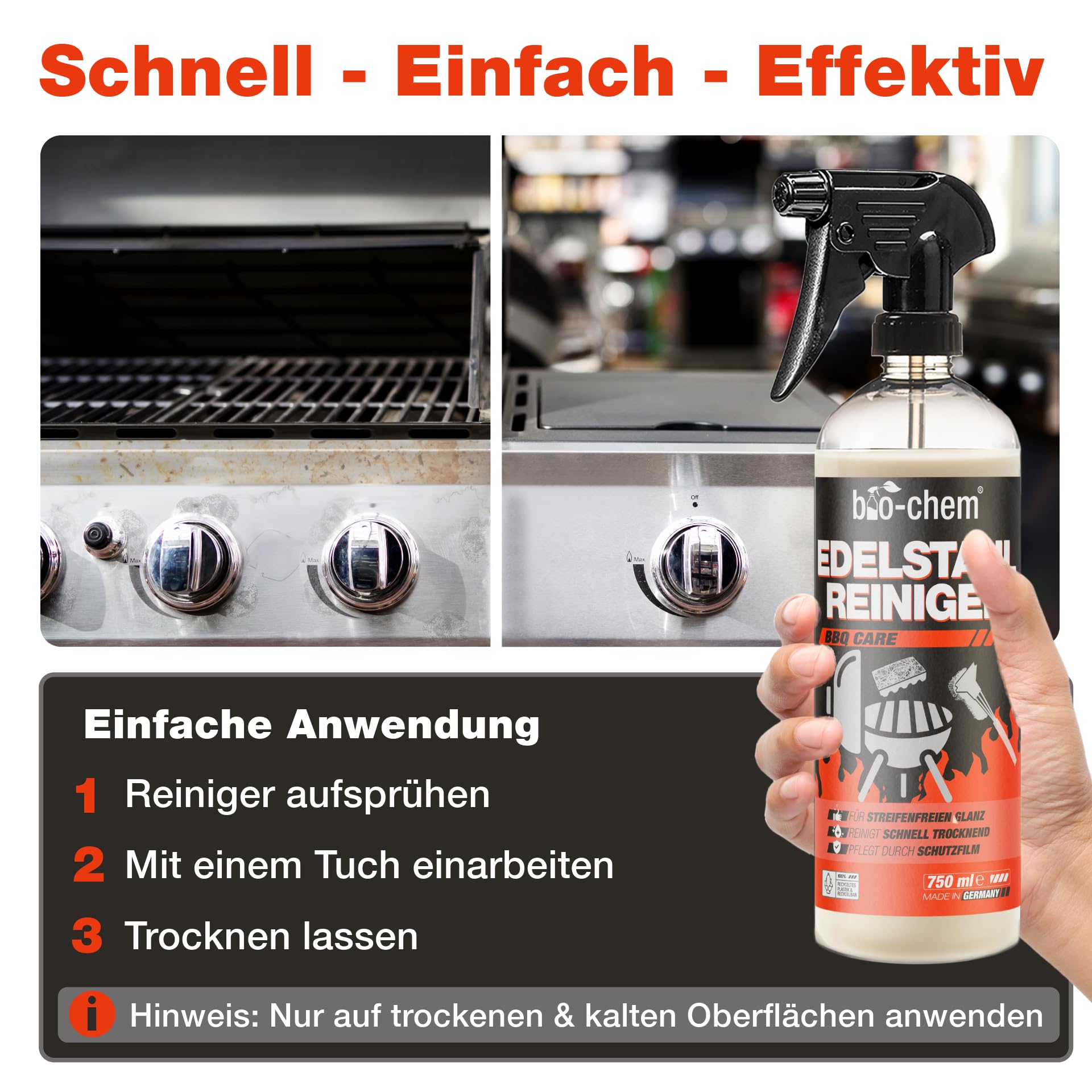 bio-chem Edelstahlreiniger Pflegespray 750ml | Für Küche, Haushalt und Grill aus Edelstahl, Aluminium sowie Chrom