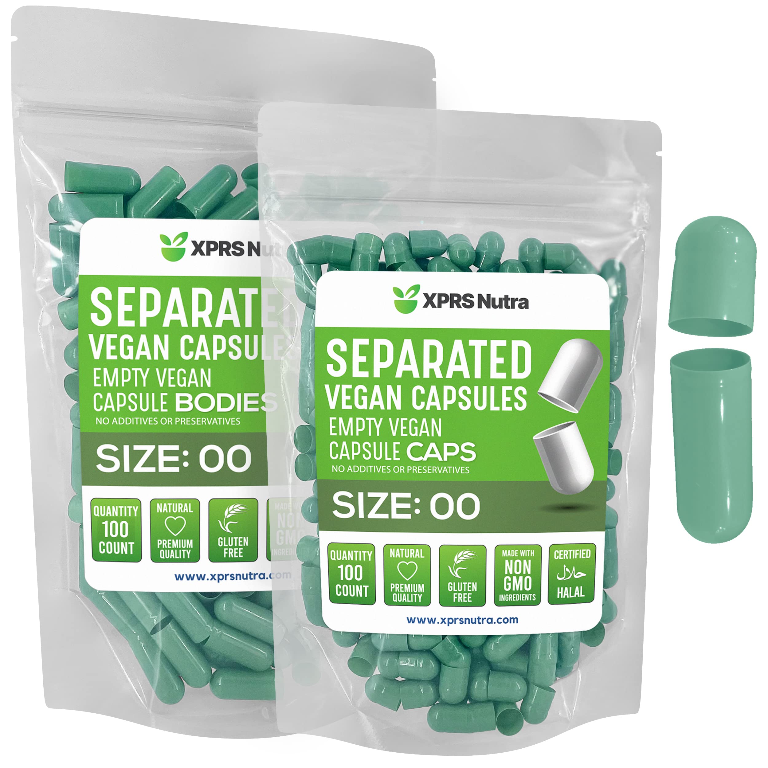 XPRS Nutra Vegan Size 00 Separated Capsules - 100 Count Premium Empty Capsules Separated in Bags - 00 Pills Empty for DIY Supplement Filling (Sage Green) Sage Green 100 Count (Pack of 1)