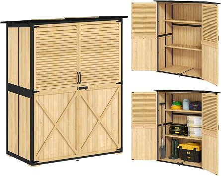 Outsunny Outdoor Storage Cabinet, Wood Garden Tool Shed with Lock, Steel Frame and Asphalt Roof, Garden Storage Shed with Adjustable Shelves and Feet for Patio Backyard Lawn, Natural