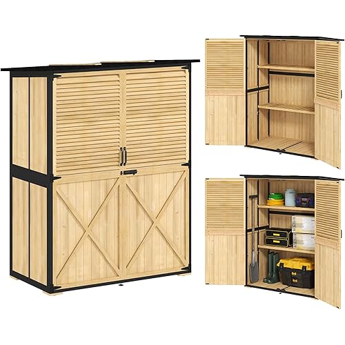 Outsunny Outdoor Storage Cabinet, Wood Garden Tool Shed with Lock, Steel Frame and Asphalt Roof, Garden Storage Shed with Adjustable Shelves and Feet for Patio Backyard Lawn, Natural