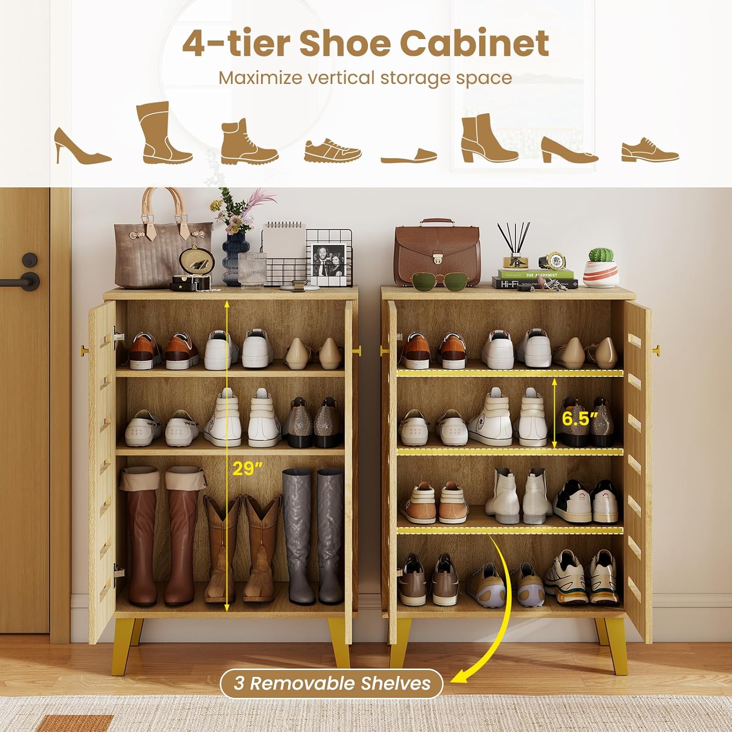 GOFLAME Shoe Cabinet with Doors, 4-Tier Freestanding Shoe Storage Organizer with Removable Shelves, Wooden Shoe Rack Cabinet for Entryway, Hallway, Closet, Living Room