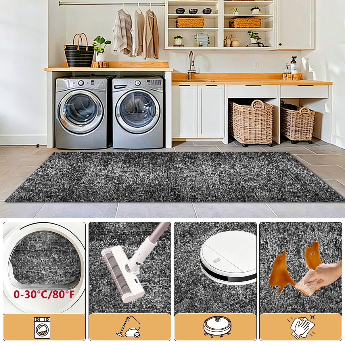 Tappeto Lungo per Corridoio 50 x 180 cm Tappeto Passatoia Corridoio Tappeti Cucina Antiscivolo Tappeto Cucina Lavabile in Lavatrice per Cucina Corridoio Camera da Letto Soggiorno Nero