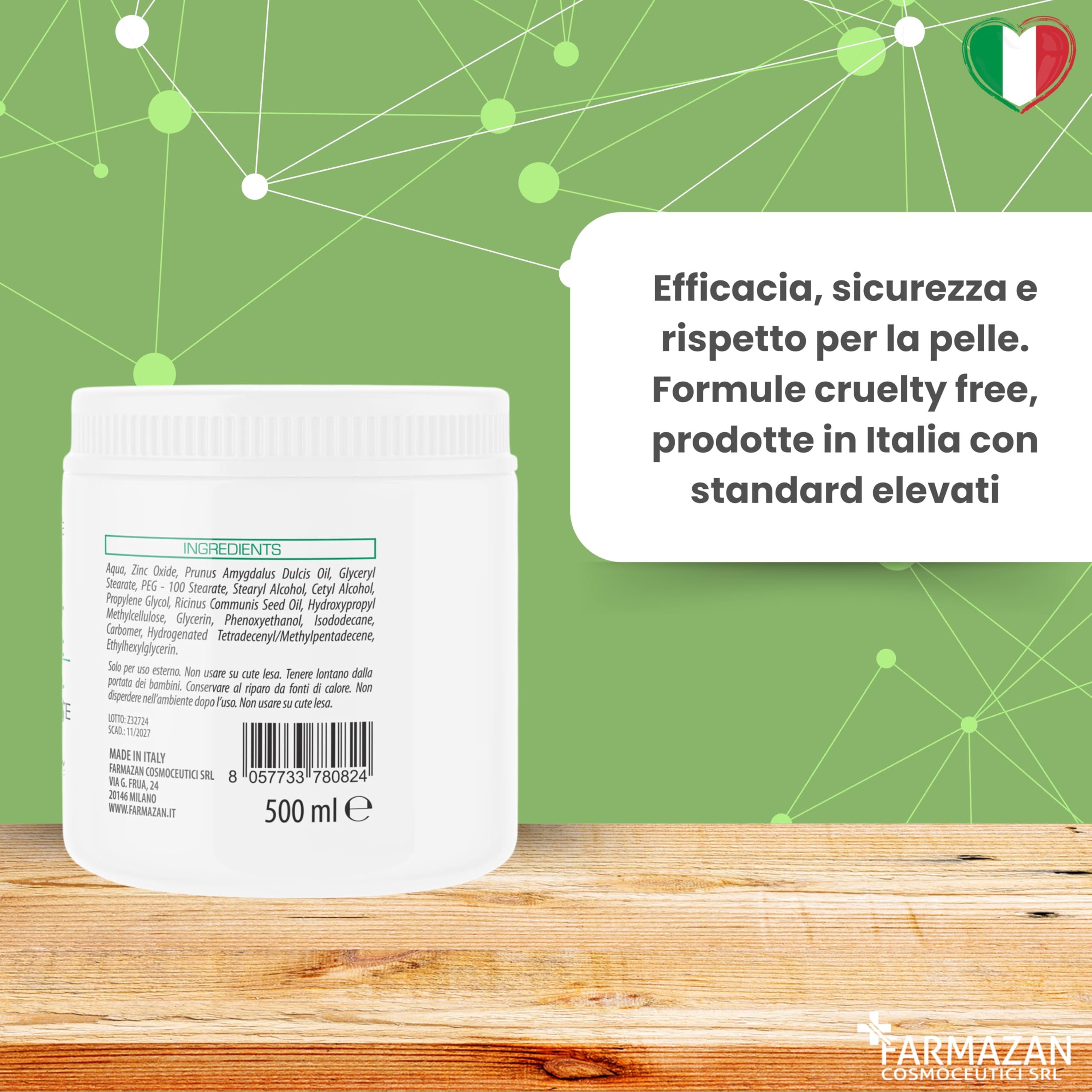 Crema Ossido di Zinco 10% 500ml Protettiva Lenitiva Idratante Senza Profumo Olio di Mandorla e Ricino Cambio Pannolino Pelli Delicate Made in Italy