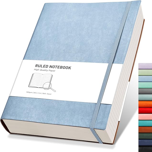 RETTACY A4 Lined Notebook College Ruled/Thick Journal - Extra Large Softcover Composition Notebooks with 2 Free Sticky Notes 320 Pages,Faux Leather, Inner Pocket 21.5 x 27.9cm - Light Blue