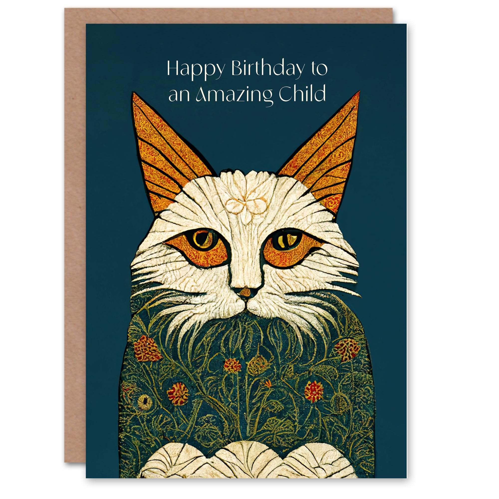 Artery8 Happy Birthday to an Amazing Child Medieval Art Flower Cat Lover Non Binary Gender Neutral Card