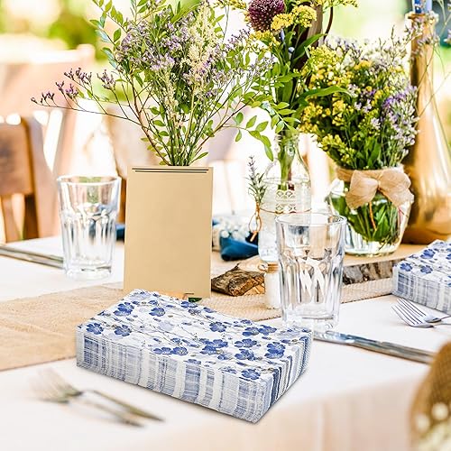 Miniatura 4 de AnyDesign Paquete de 80 servilletas de papel desechables con flores azules y blancas, servilletas de papel para cumpleaños, bodas, baby shower,