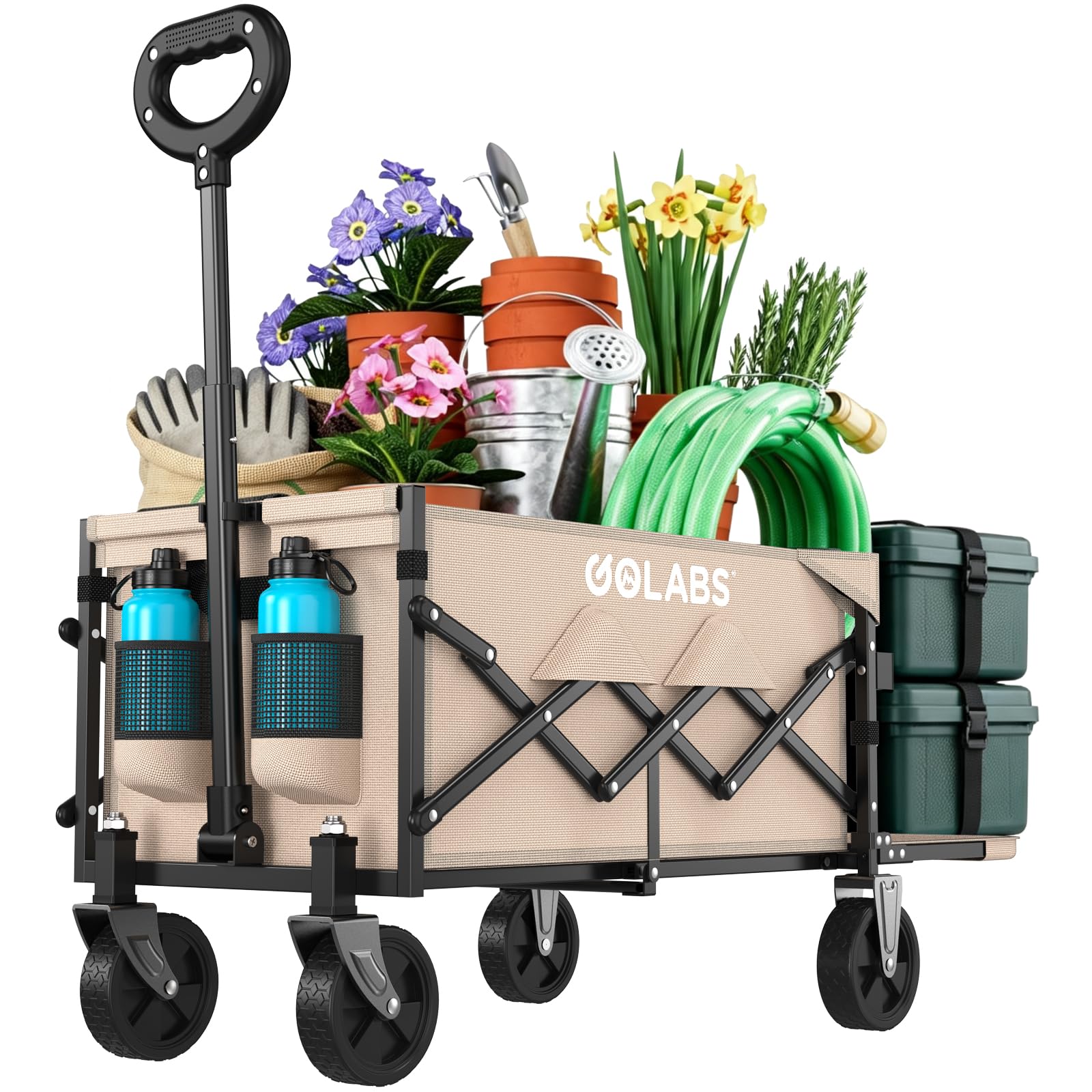 Golabs Carrello pieghevole per carro carico massimo 158,8 kg ed espandibile, 100 l, design a doppio cuscinetto per sterzo flessibile, carrello da giardino pieghevole resistente con 2 portabicchieri